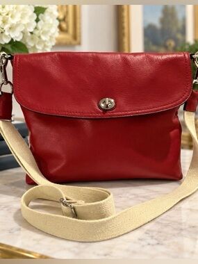 Red Genuine Leather Crossbody Bag Turn Lock Flap Beige Strap Silver Hardware